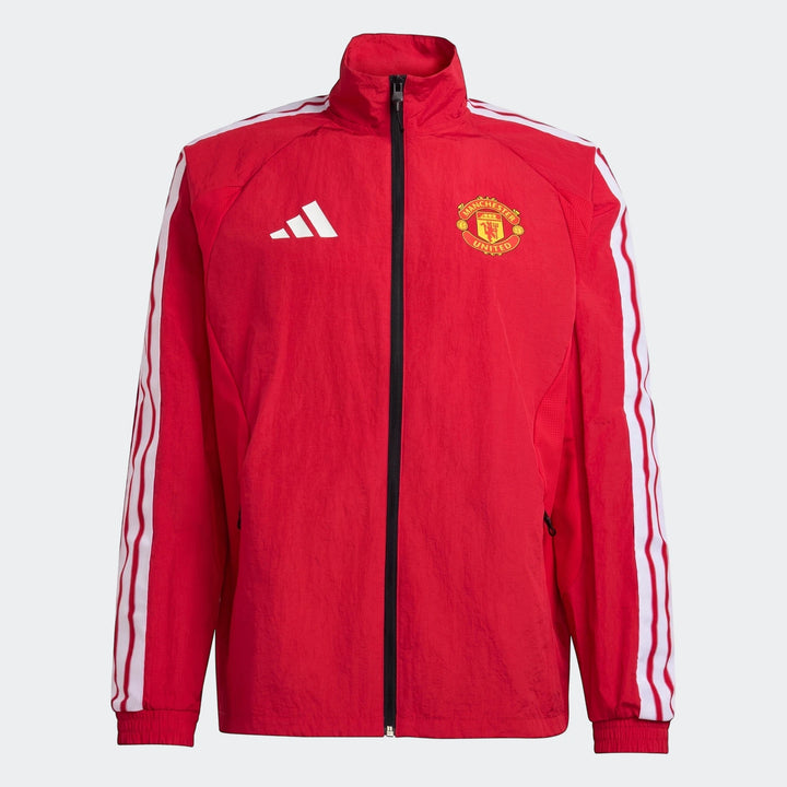 Red Manchester United Home Anthem Jacket, featuring a full-zip front, white Adidas logo, and club crest, with three white