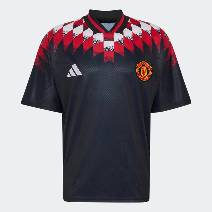 Manchester United Street Jersey in black with red and white checkered shoulders, short sleeves, front view.