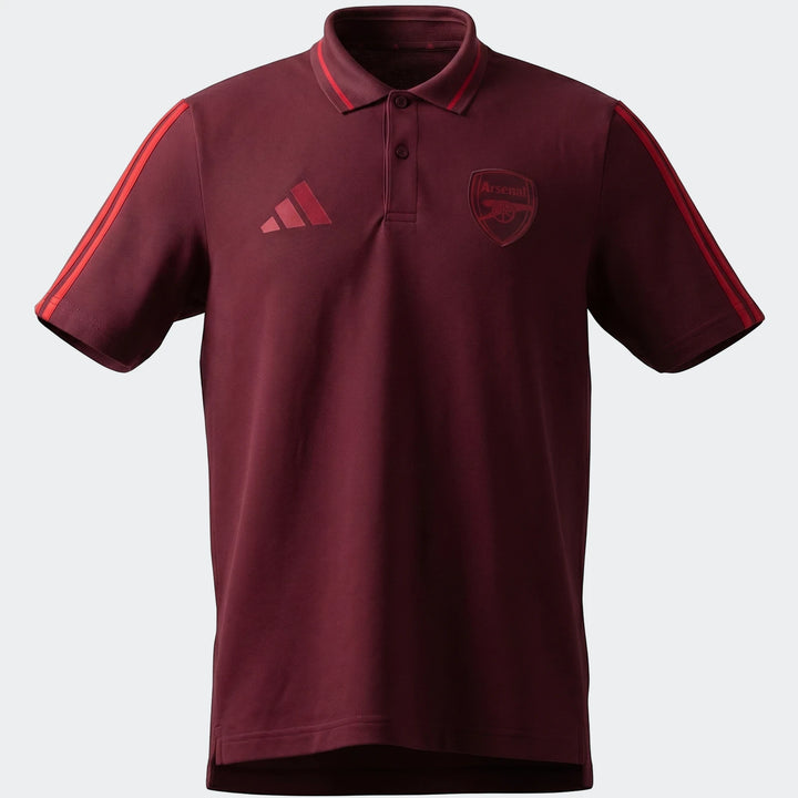 Maroon Adidas Arsenal FC DNA Polo shirt, front view, featuring the club crest and Adidas logo on a solid background.