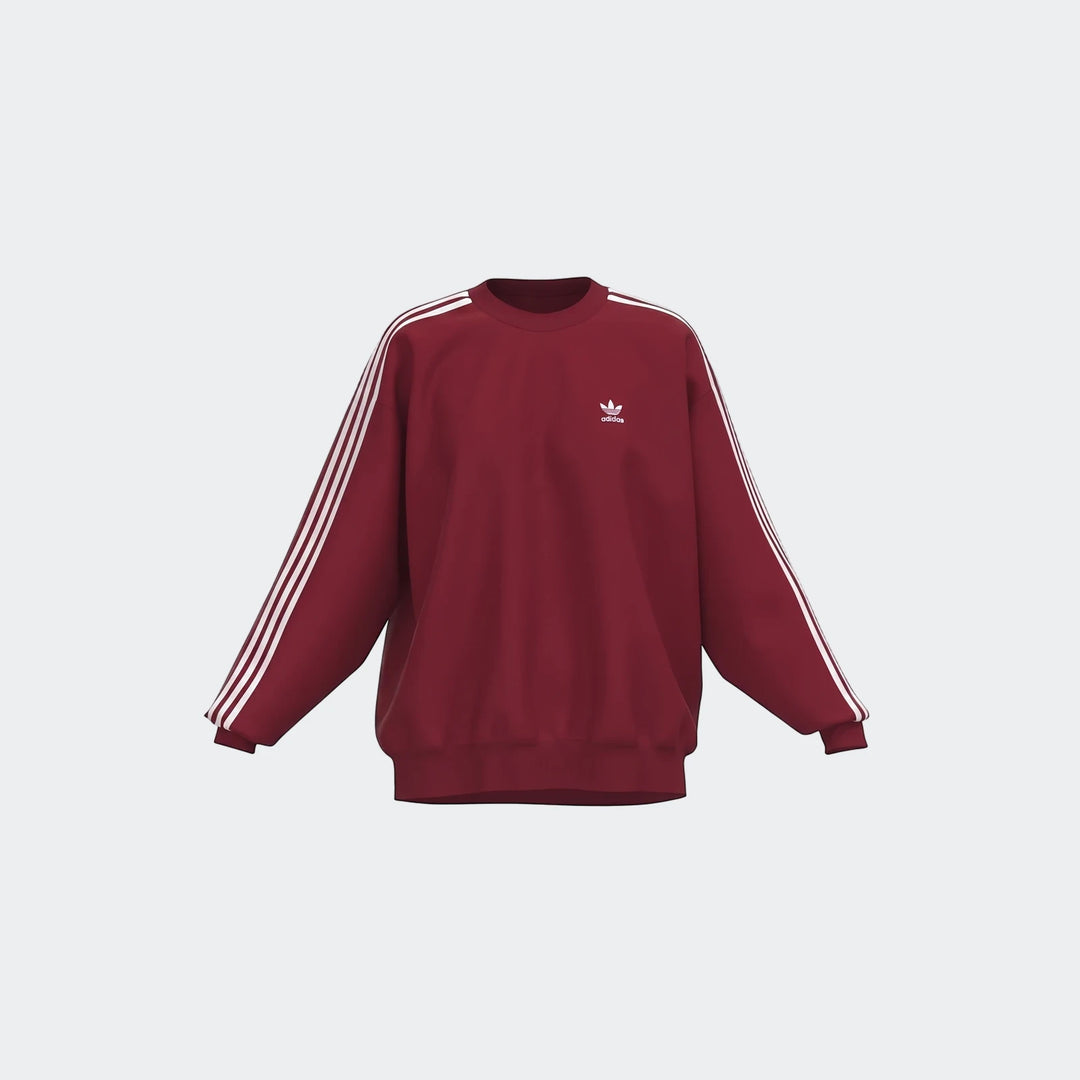 Maroon Adidas Sportswear 3-Stripes oversized crew sweatshirt with white stripes on sleeves and white trefoil logo. Front