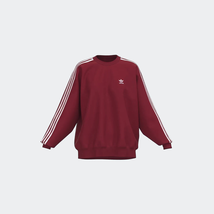 Maroon Adidas Sportswear 3-Stripes oversized crew sweatshirt with white stripes on sleeves and white trefoil logo. Front