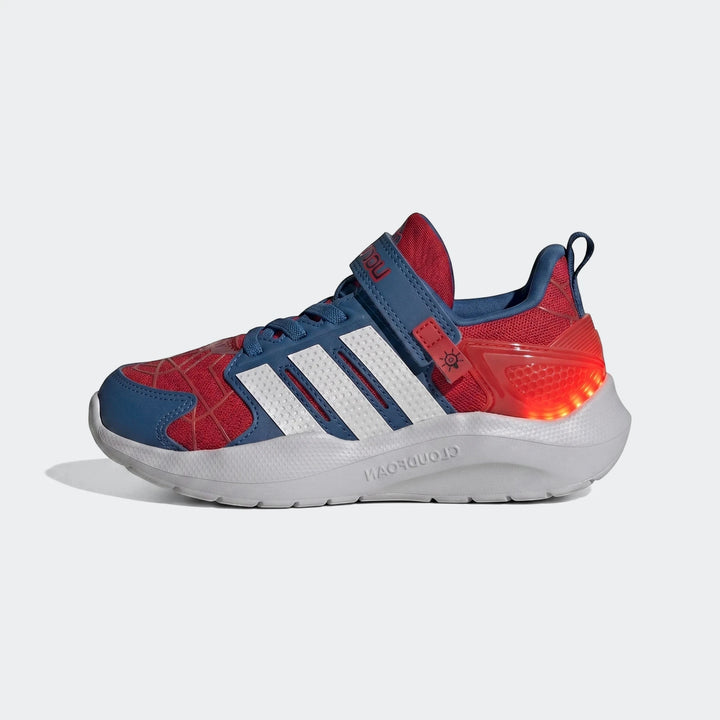 Marvel Lightorama Runner Spider-Man kids' light-up shoe in red, blue, white, and gray, viewed from the side.