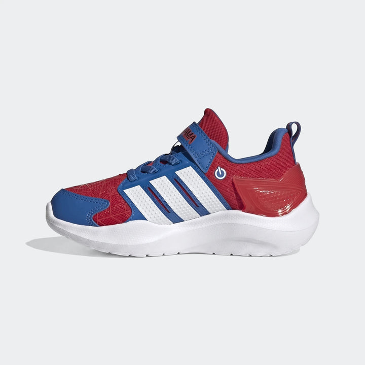 Side view of Marvel Lightorama Runner Spider-Man Light-Up Kids Shoes in red, blue, and white with white Adidas stripes and