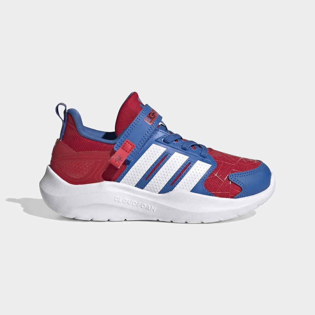 Marvel Lightorama Runner Spider-Man Light-Up Kids Shoes in red, blue, and white, featuring Adidas stripes and Cloudfoam