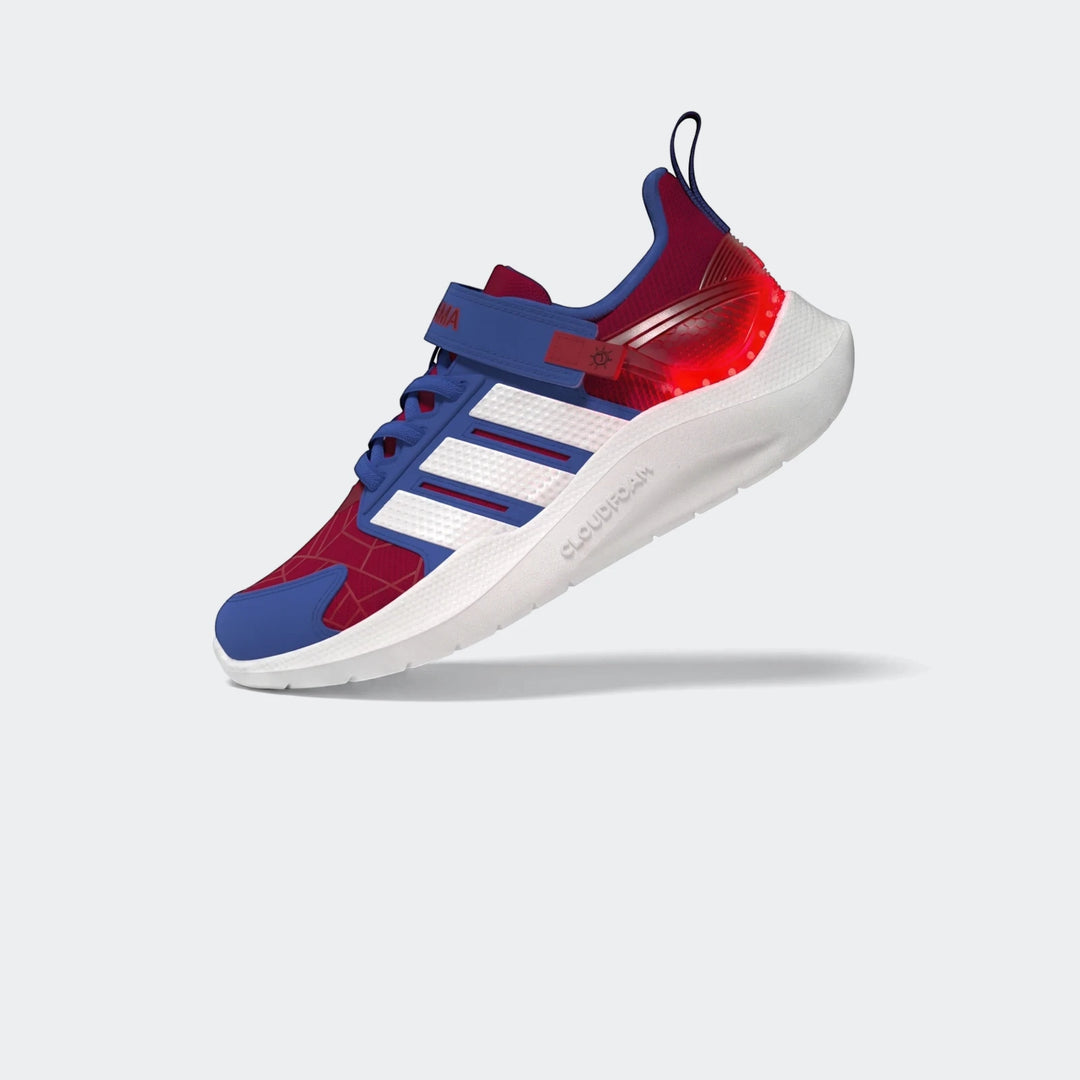 Marvel Lightorama Runner Spider-Man Light-Up Kids Shoes in red, blue, and white with glowing heel details.