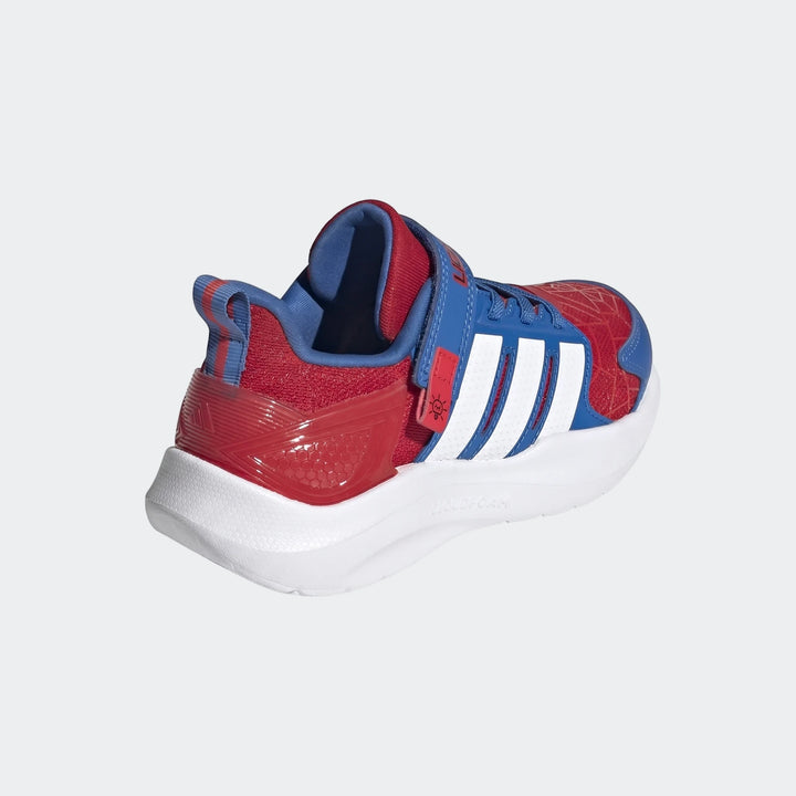 Marvel Lightorama Runner Spider-Man Light-Up Kids Shoes, red and blue athletic sneakers with white stripes, shown from a