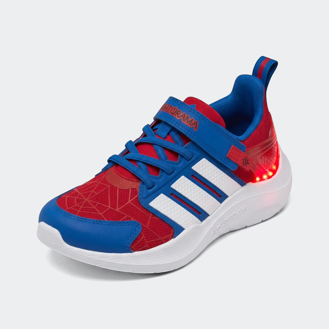 Red and blue Marvel Lightorama Runner Spider-Man light-up kids' athletic shoe, featuring three white stripes and a glowing