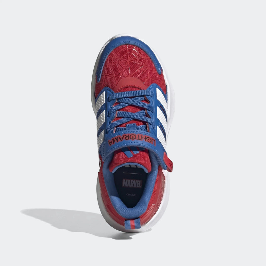Top-down view of a Marvel Lightorama Runner Spider-Man Light-Up Kids Shoe in red, blue, and white with Adidas stripes and