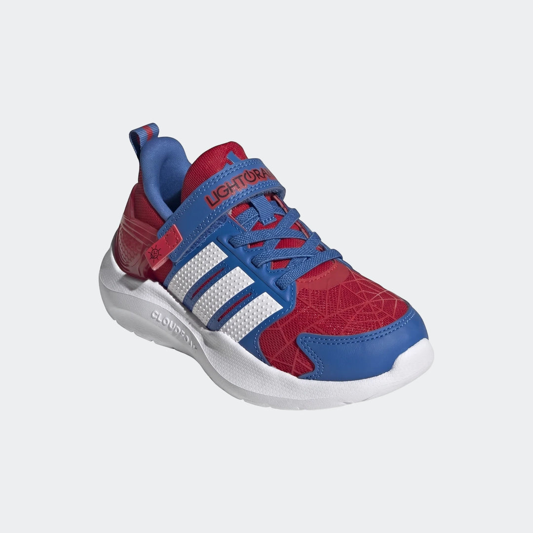 Kids' Marvel Lightorama Spider-Man light-up running shoes in red, blue, and white, with Cloudfoam sole and Velcro strap.