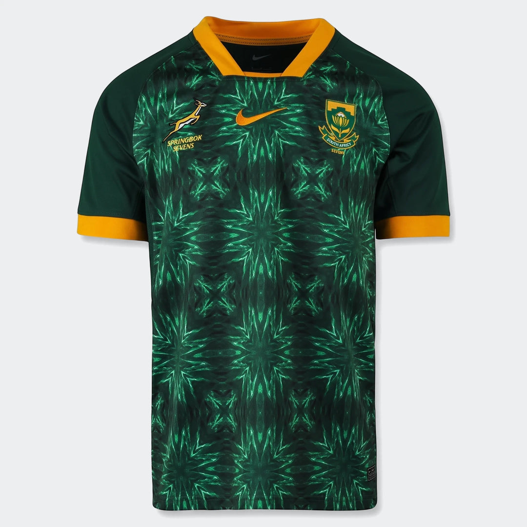 Men's green Springbok Sevens short sleeve home rugby jersey with team and Nike logos displayed on a white background.