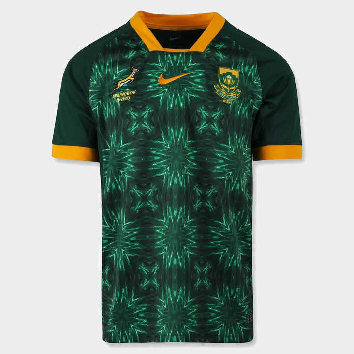 Men's green Springbok Sevens short sleeve home rugby jersey with team and Nike logos displayed on a white background.