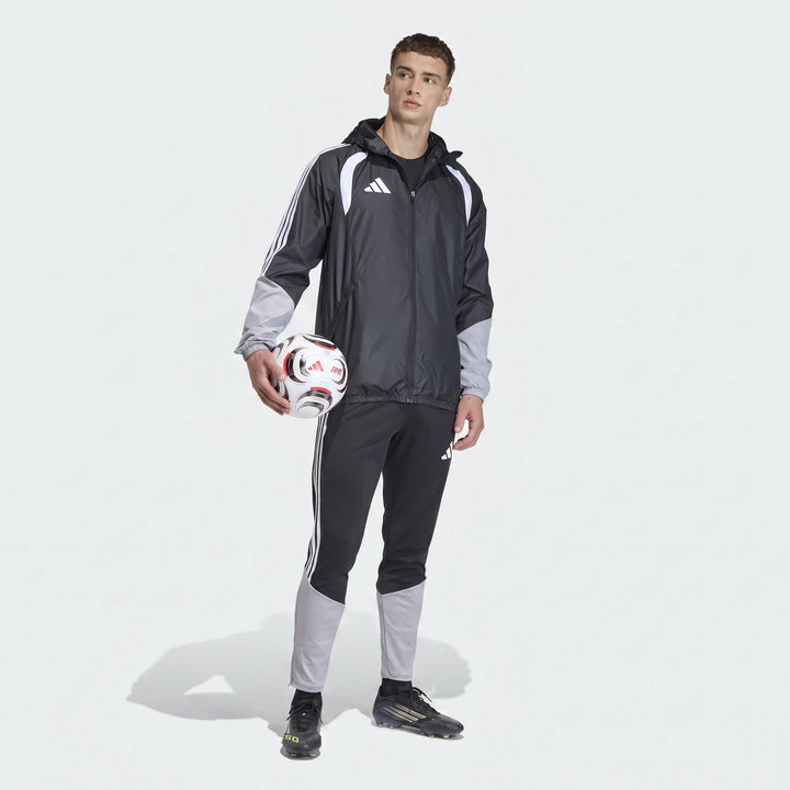 Men's Adidas Tiro 26 Competition All-Weather Jacket in black and gray, with matching track pants and soccer ball.