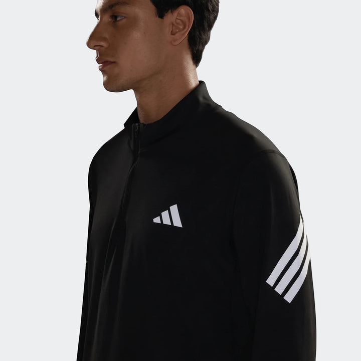 Men's black Adidas Adi365 Full-Zip Sweatshirt with white logo and three stripes, shown in a close-up profile view.