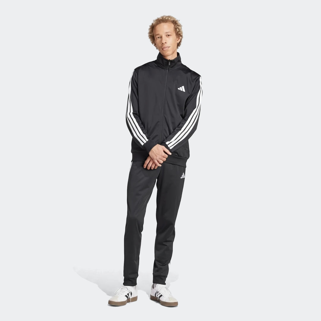 Men's black Adidas Dayready Tracksuit, full body shot. Features white stripes on sleeves and legs with white logo accents.