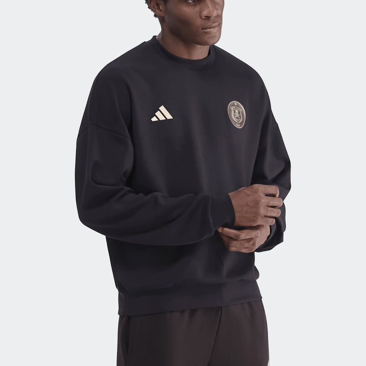 Men's black Adidas Sportswear Open Hem Future Icons 3-Bar Crew Sweatshirt with gold 3-Stripes logo and Orlando Pirates