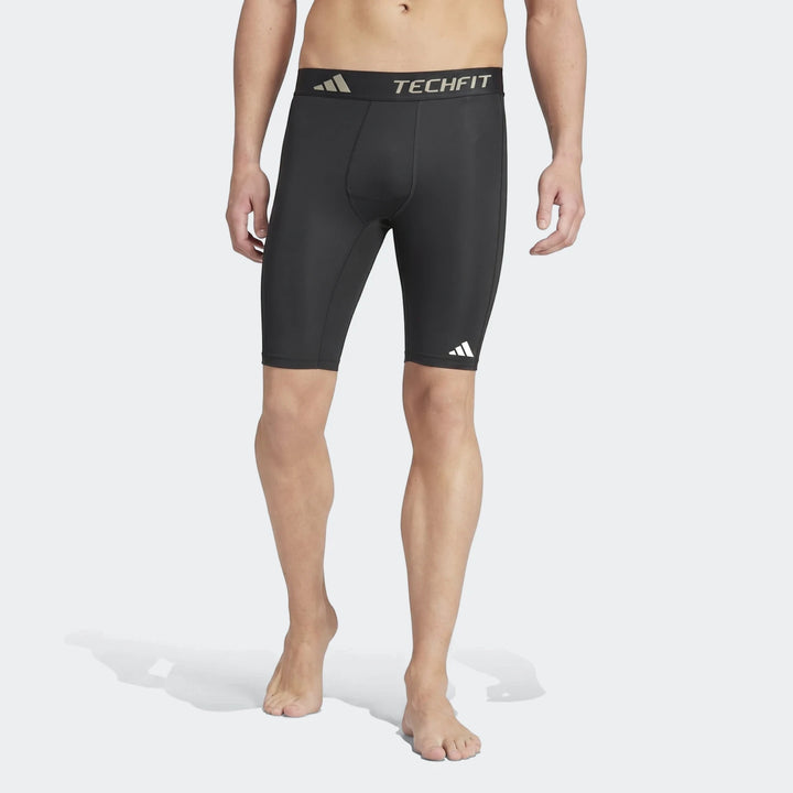 Men's black Adidas Techfit Football Base Layer Short Tights, designed for compression and performance, shown front view.