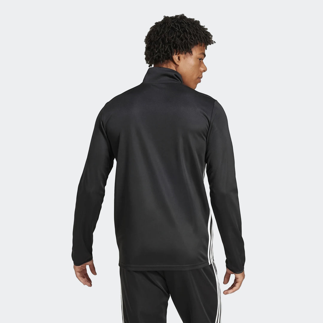 Black Z.N.E. Track Top for men, featuring white triple stripes on the sleeves, worn by a model from the back-right view.