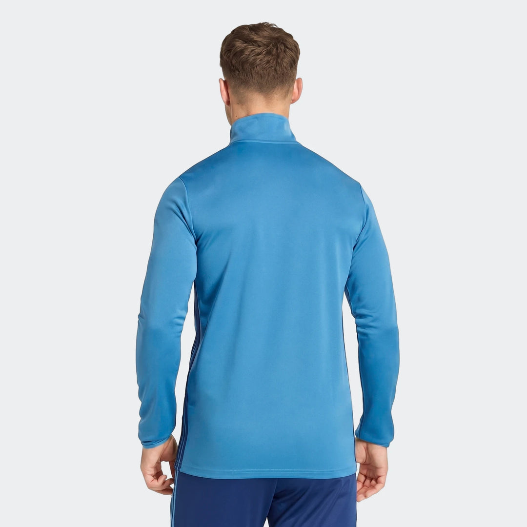 Men's blue Tiro Essentials Track Top, long-sleeve, featuring darker blue stripe panels, shown from the back view on a model.