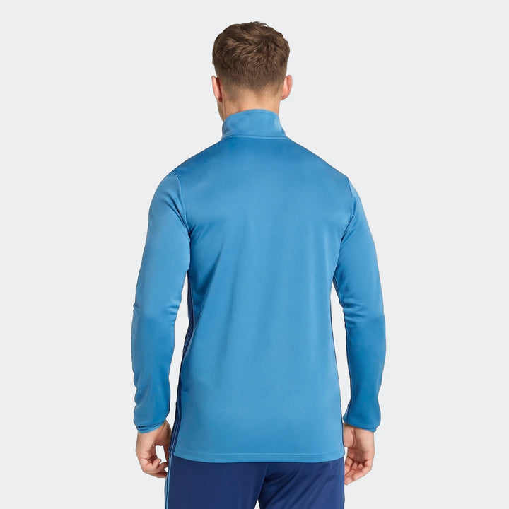 Men's blue Tiro Essentials Track Top, long-sleeve, featuring darker blue stripe panels, shown from the back view on a model.