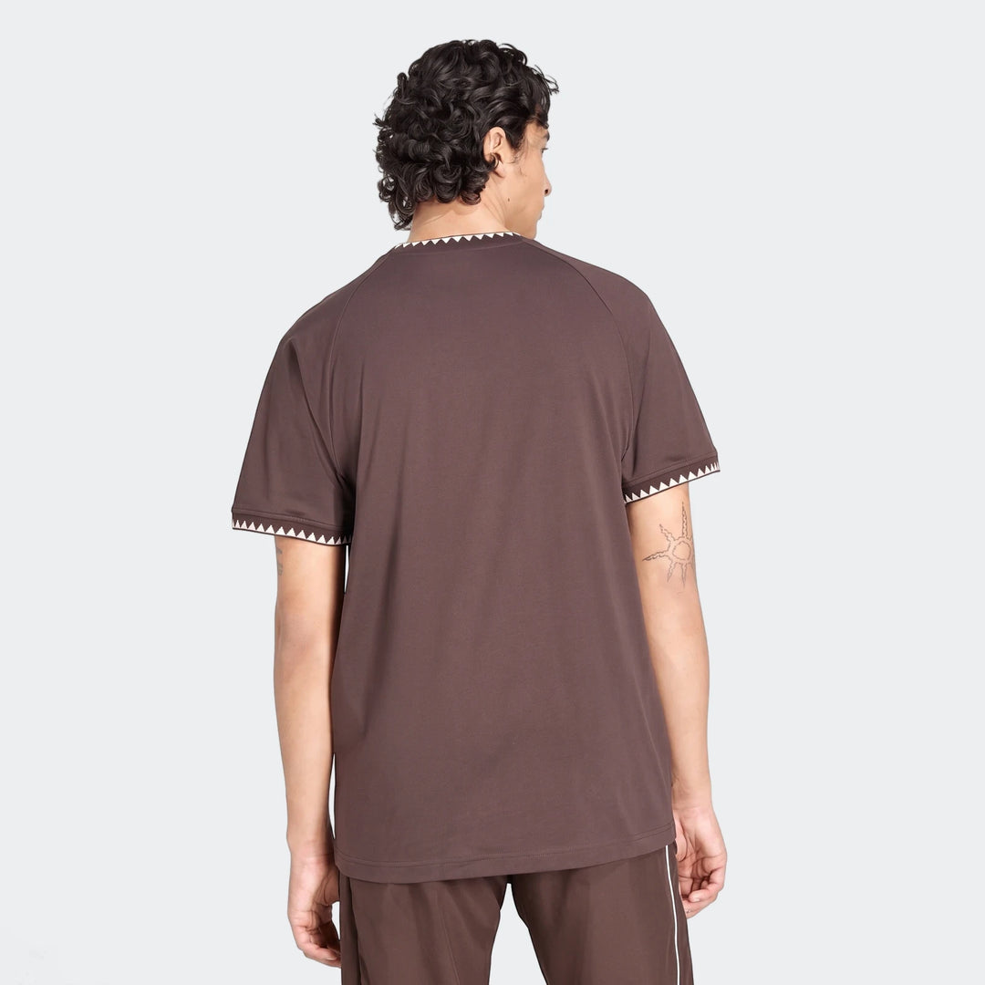 Men's brown Chest Stripe Short Sleeve T-Shirt, featuring a striped collar and sleeves, shown from the back view.