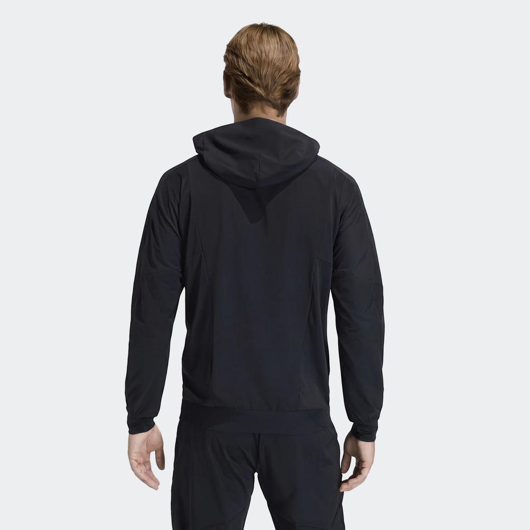 Men's black D4T Hybrid Full-Zip Hoodie, shown from the back, highlighting the design and fit of the activewear.