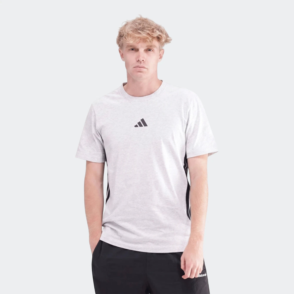 Men's light grey marl Adidas 3-Stripes Single Jersey T-Shirt worn by a blonde model, featuring a black logo and side stripes.