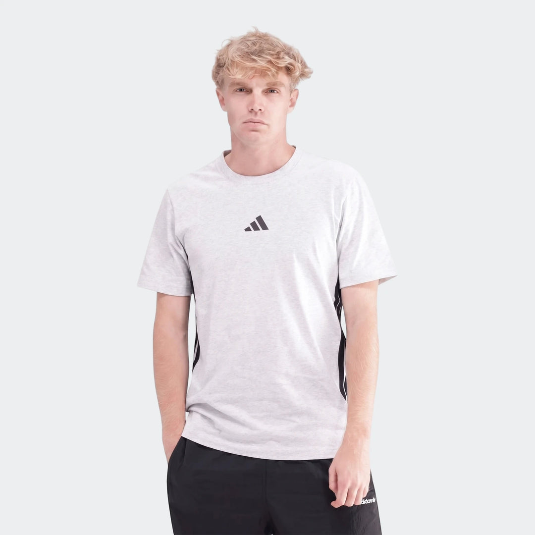 Men's light grey marl Adidas 3-Stripes Single Jersey T-Shirt worn by a blonde model, featuring a black logo and side stripes.