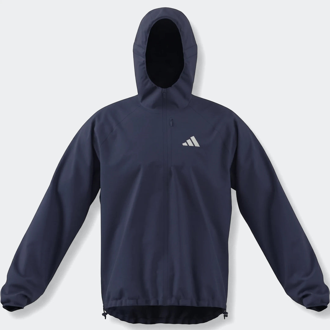 Men's navy blue Adidas Run Essentials hooded jacket, front view, showcasing its design and features.