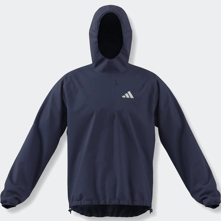 Men's navy blue Adidas Run Essentials hooded jacket, front view, showcasing its design and features.