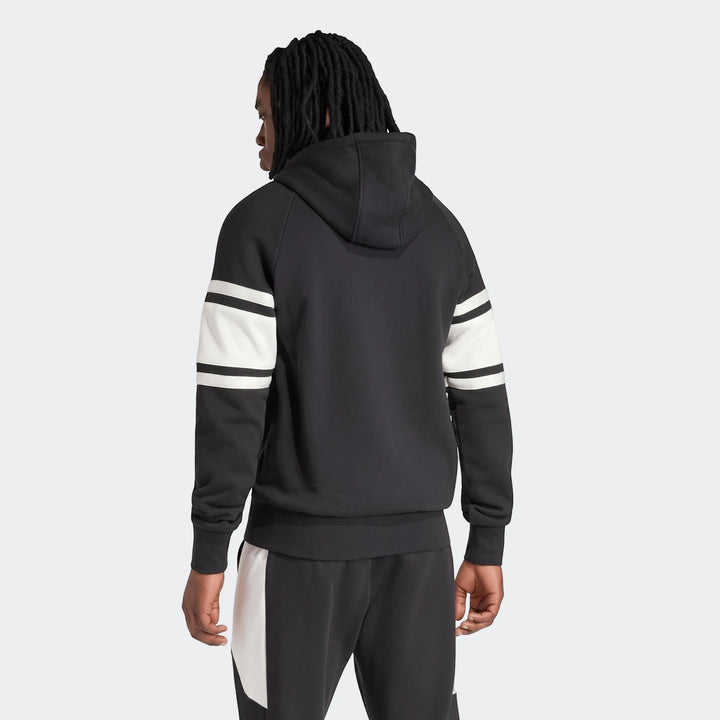 Men's New Zealand Rugby Leisurewear full zip hoodie in black with white stripes on the sleeves, shown from the back view.