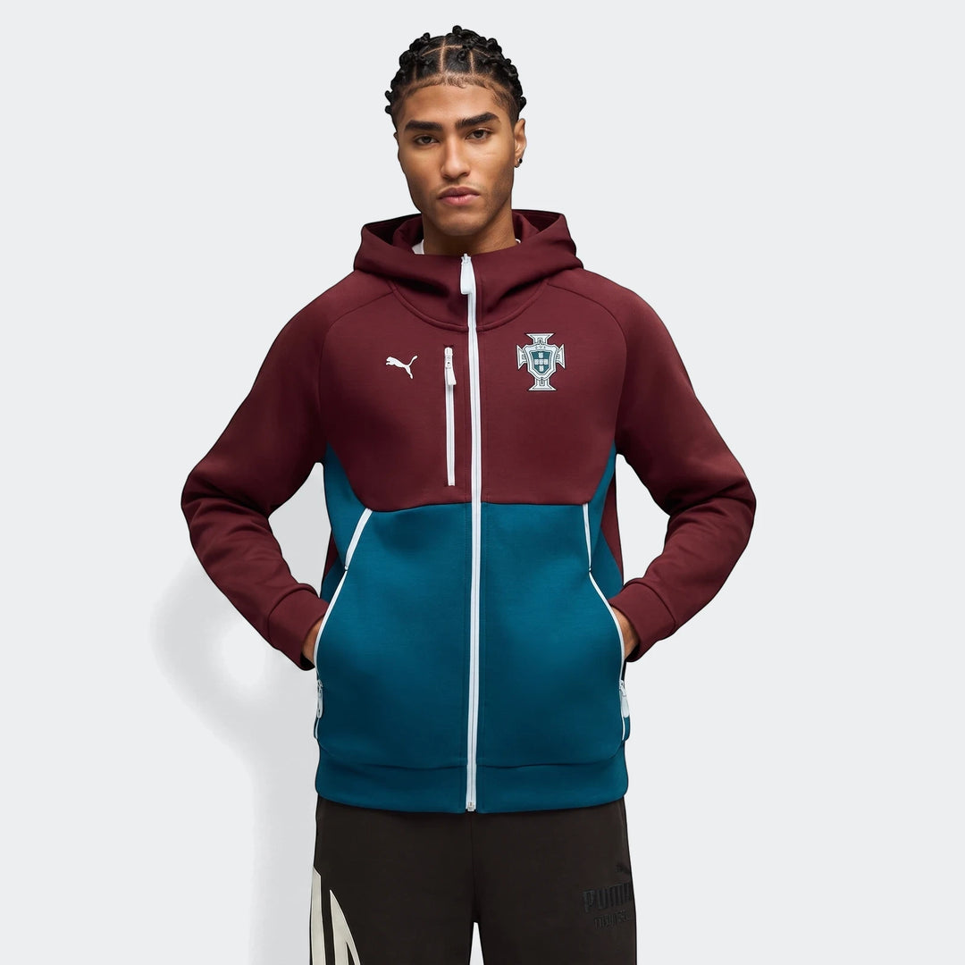 Men's Portugal Pumatech full-zip hoodie in maroon and teal, featuring the national crest and Puma logo, worn by a model.
