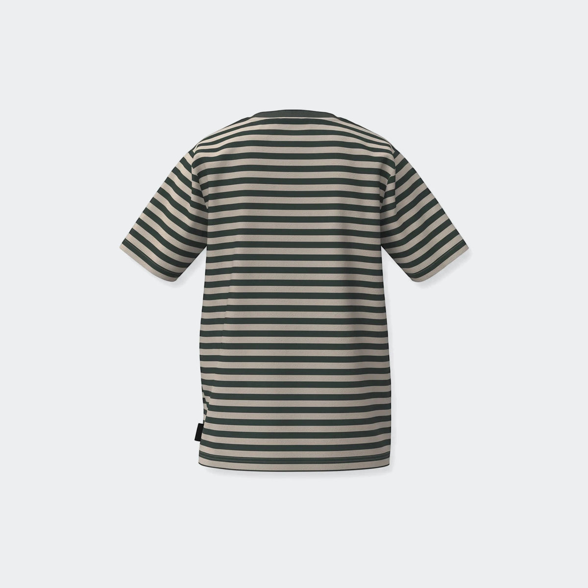 Back view of a men's short-sleeve striped tee featuring dark green and beige horizontal stripes.