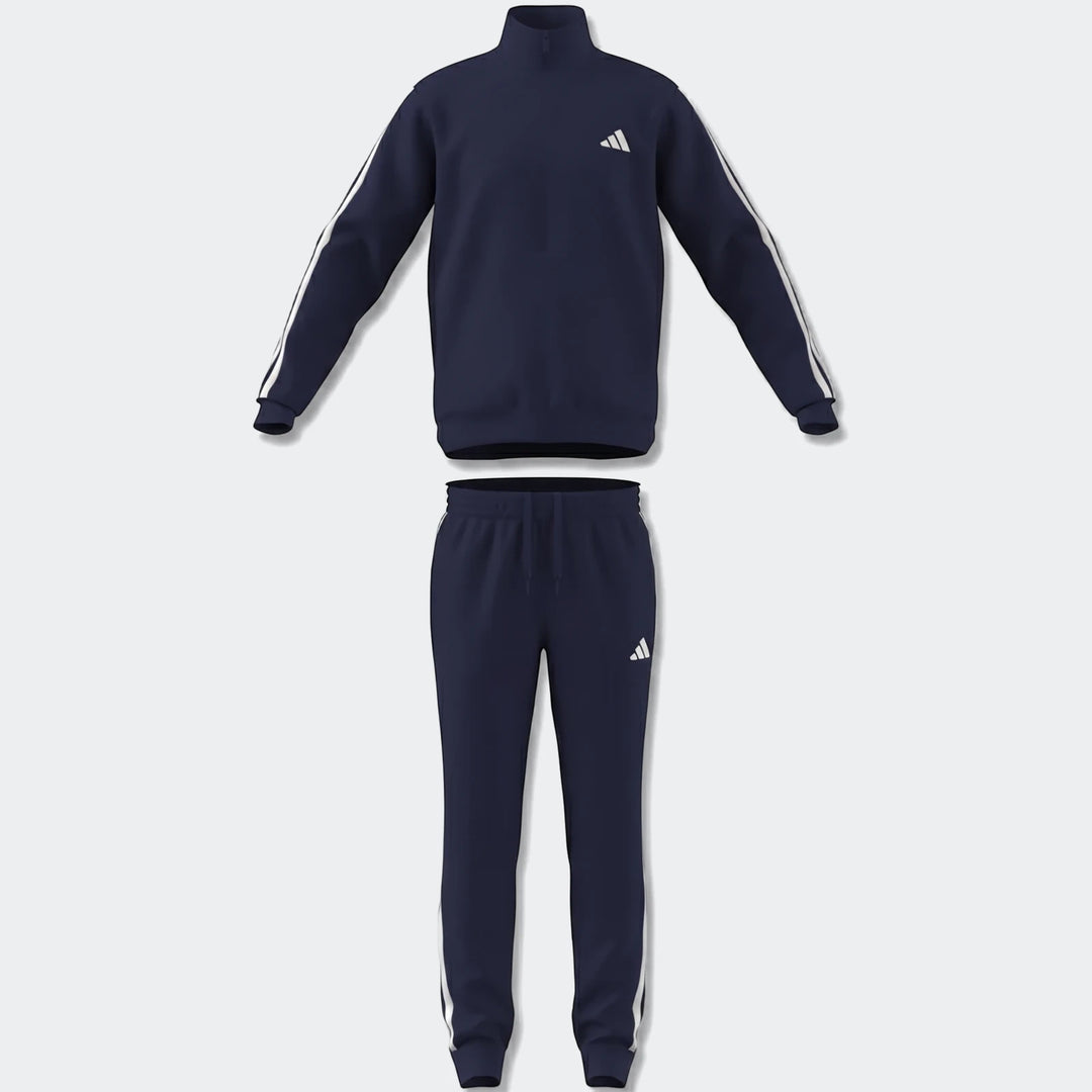Men's navy blue Z.N.E. Track Top and matching pants set with white three stripes, presented as a flat lay.