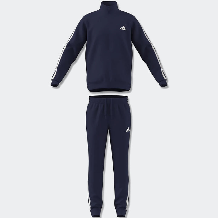 Men's navy blue Z.N.E. Track Top and matching pants set with white three stripes, presented as a flat lay.