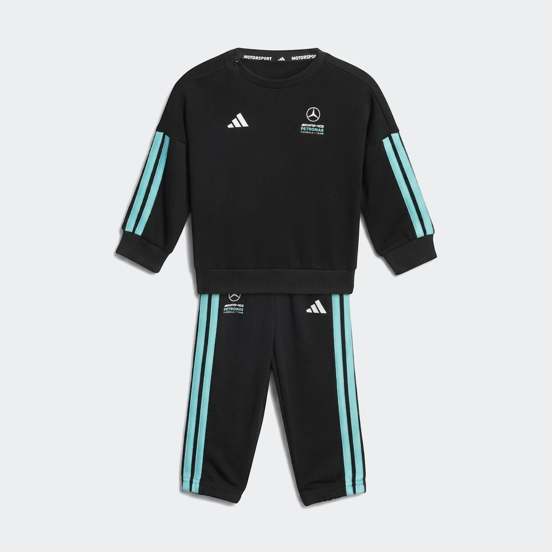 Mercedes-AMG Petronas Formula 1 Team DNA Baby Jogger Set in black with teal stripes and white logos, flat lay.