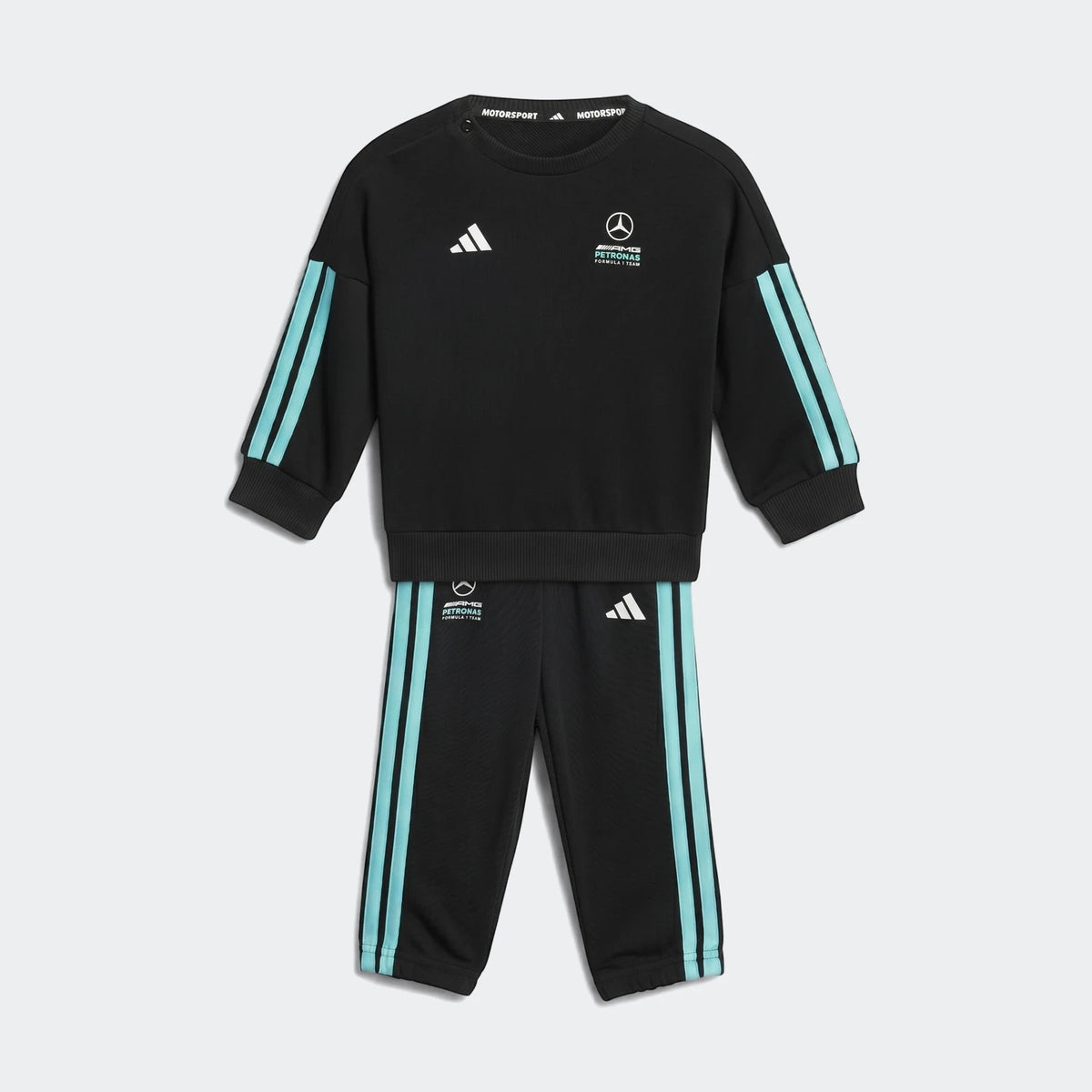 Mercedes-AMG Petronas Formula 1 Team DNA Baby Jogger Set in black with teal stripes and white logos, flat lay.