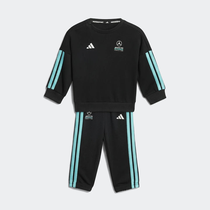 Mercedes-AMG Petronas Formula 1 Team DNA Baby Jogger Set in black with teal stripes and white logos, flat lay.