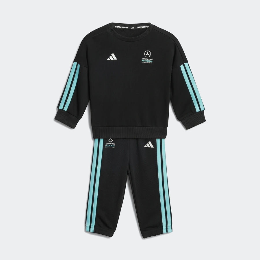 Mercedes-AMG Petronas Formula 1 Team DNA Baby Jogger Set in black with teal stripes and white logos, flat lay.