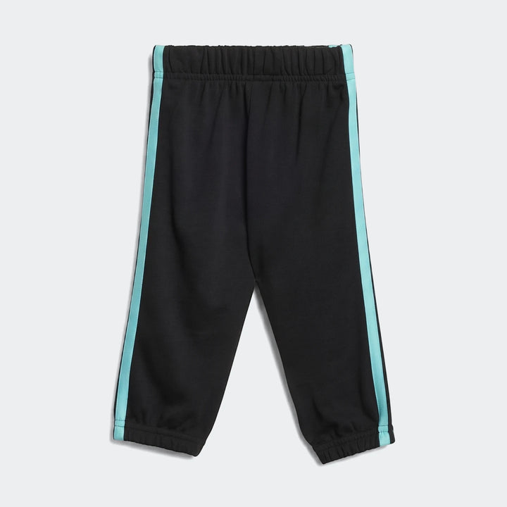 Mercedes-AMG Petronas Formula 1 Team DNA Baby Jogger Set, black with light blue side stripes, presented in a flat-lay view.