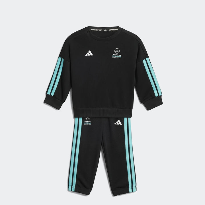 Black and teal Mercedes-Amg Petronas Formula 1 Team DNA Baby Jogger Set for infants, shown in a flat-lay view.