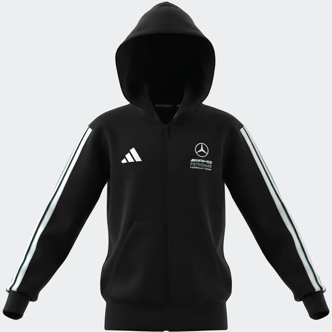 Front view of a Kids' Mercedes-AMG Petronas F1 Team Dna Full-Zip Hoodie in black with teal three-stripes and white logos.
