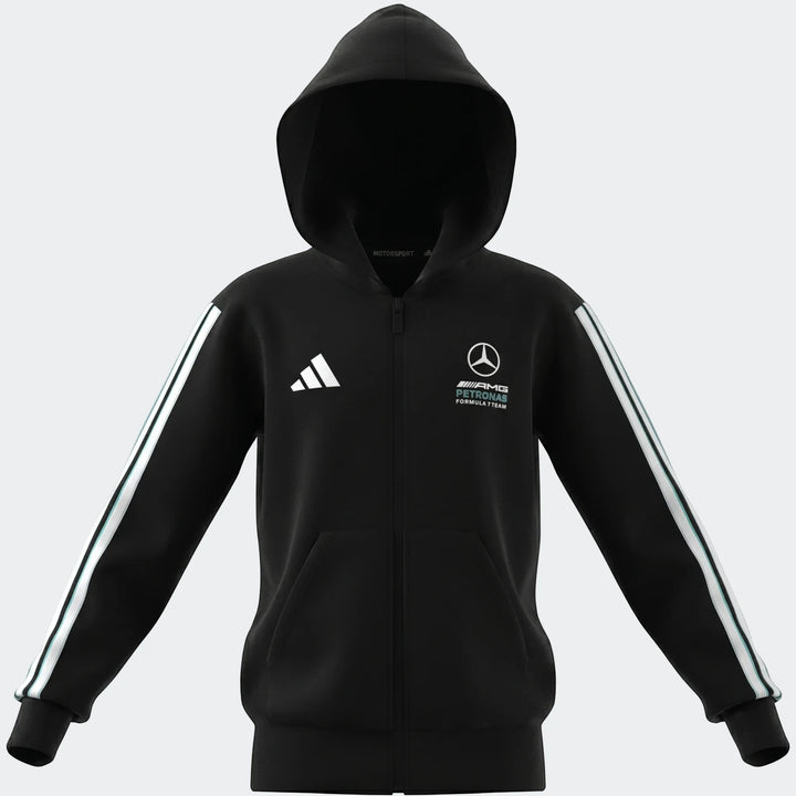 Front view of a Kids' Mercedes-AMG Petronas F1 Team Dna Full-Zip Hoodie in black with teal three-stripes and white logos.