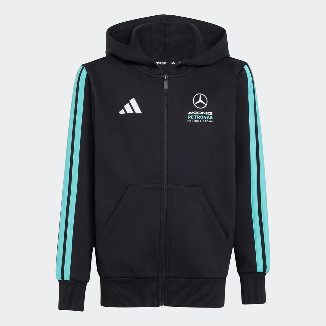 Kids' black Mercedes-AMG Petronas F1 Team DNA full-zip hoodie with teal stripes and front logos, shown flat-lay.