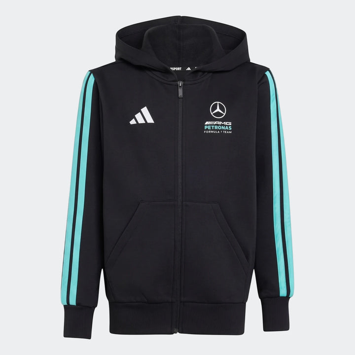 Kids' black Mercedes-AMG Petronas F1 Team DNA full-zip hoodie with teal stripes and front logos, shown flat-lay.