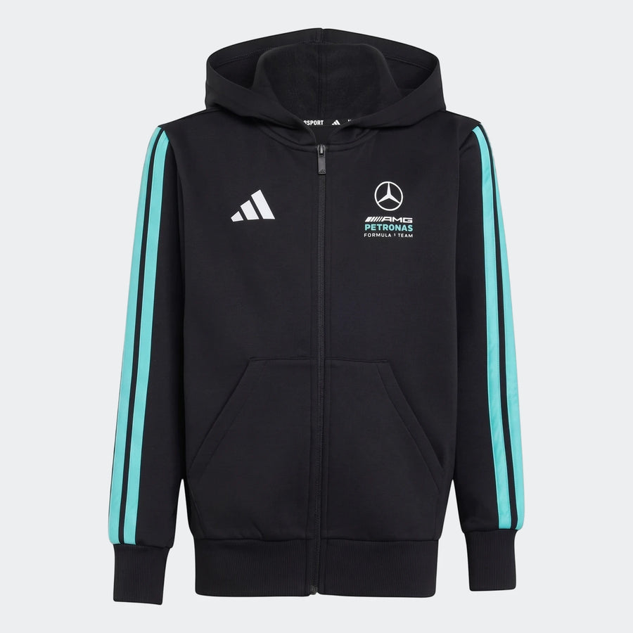 Kids' black Mercedes-AMG Petronas F1 Team DNA full-zip hoodie with teal stripes and front logos, shown flat-lay.