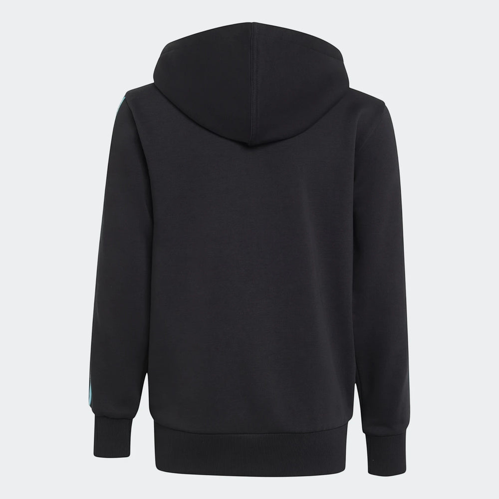 Black Mercedes-AMG Petronas Formula 1 Team DNA hoodie for kids, viewed from the back, featuring light blue stripes on the
