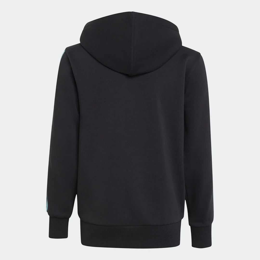 Black Mercedes-AMG Petronas Formula 1 Team DNA hoodie for kids, viewed from the back, featuring light blue stripes on the