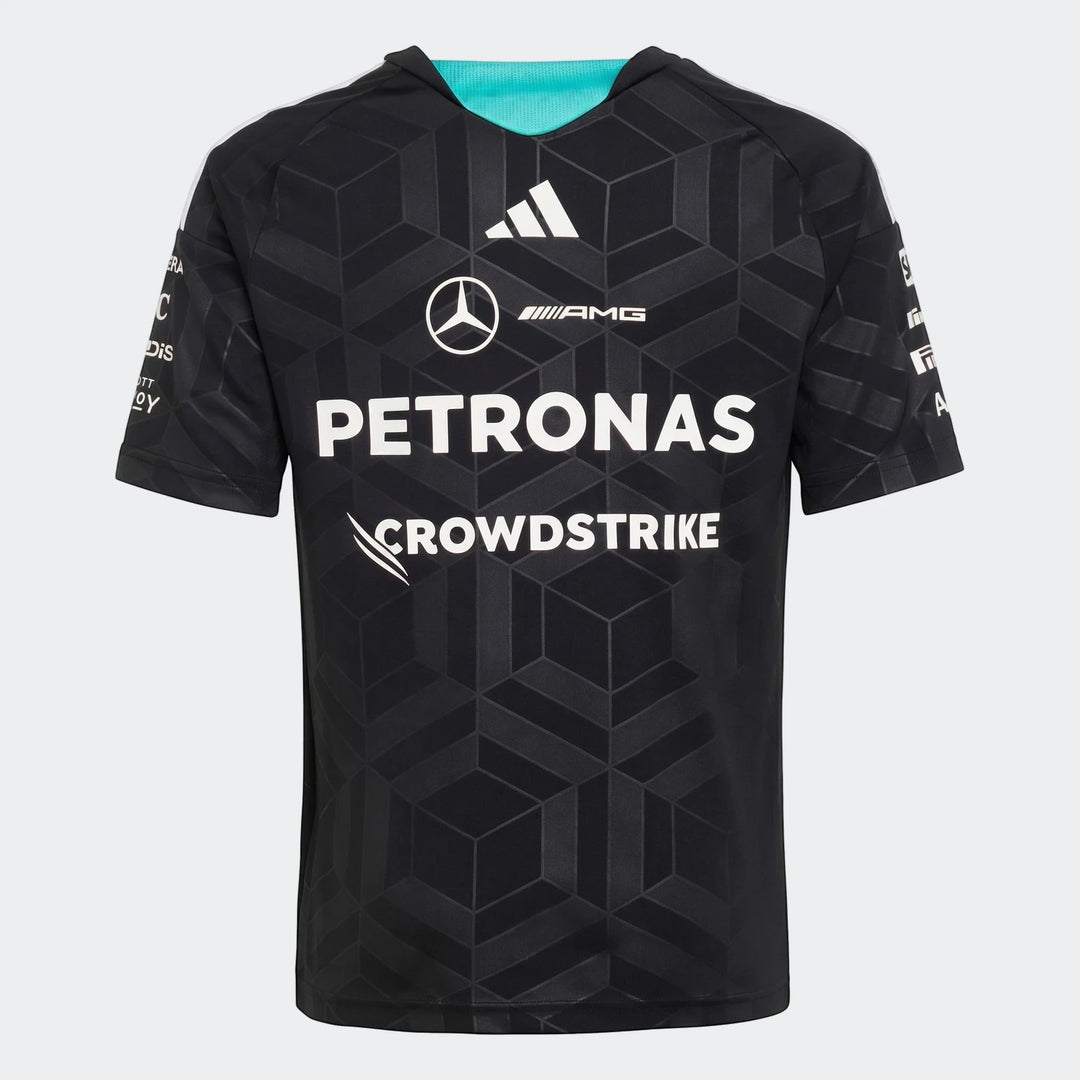 Youth black Mercedes-AMG Petronas Formula 1 Team Driver Jersey, short sleeve, featuring sponsor logos on the front.