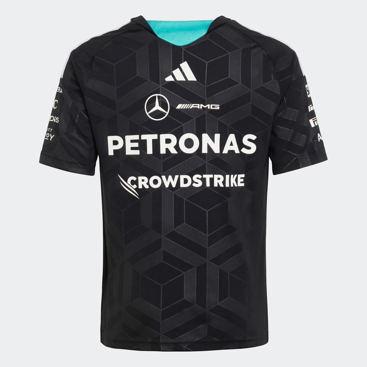 Youth black Mercedes-AMG Petronas Formula 1 Team Driver Jersey, short sleeve, featuring sponsor logos on the front.