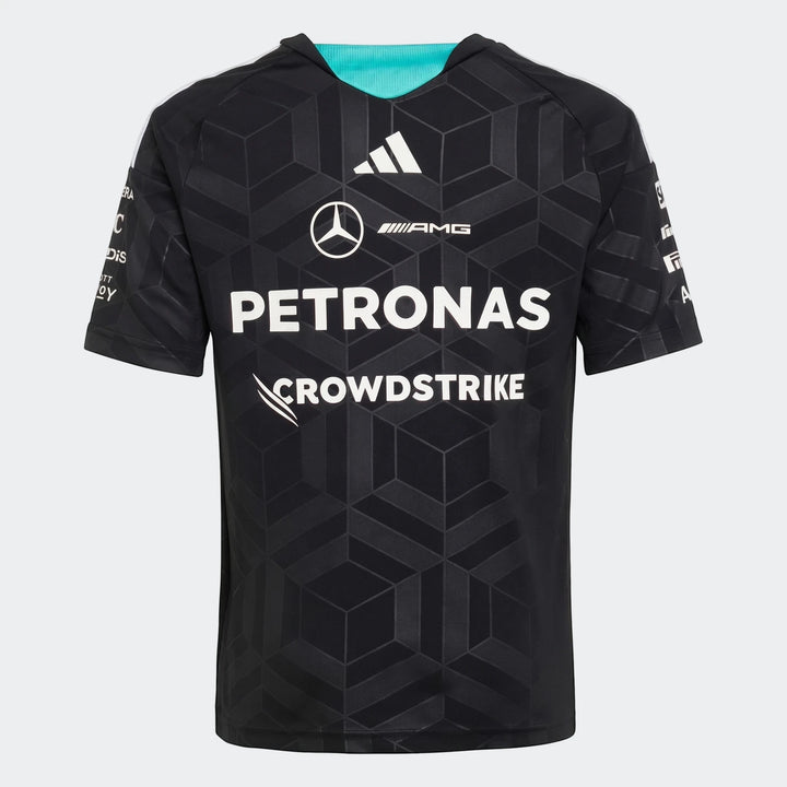 Youth black Mercedes-AMG Petronas Formula 1 Team Driver Jersey, short sleeve, featuring sponsor logos on the front.